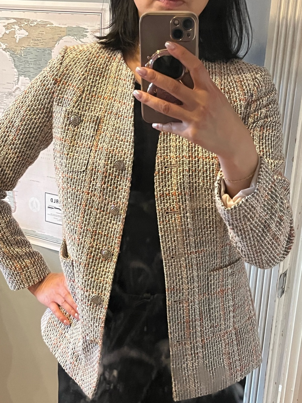 Karl Lagerfeld Cream Tweed Open-Front Blazer with Subtle Multicolor Threads